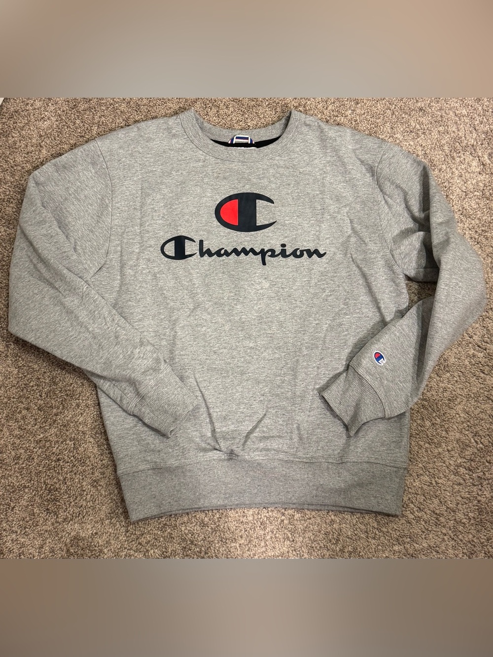 Champion Gray Crewneck Sweatshirt with Red & Black Logo